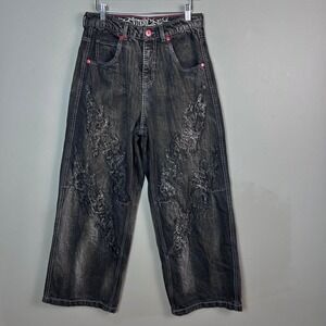 Y2K Vitriol Jeans Mens 31 X 28 Ultra-Wide Baggy Black Goth Distressed Rave